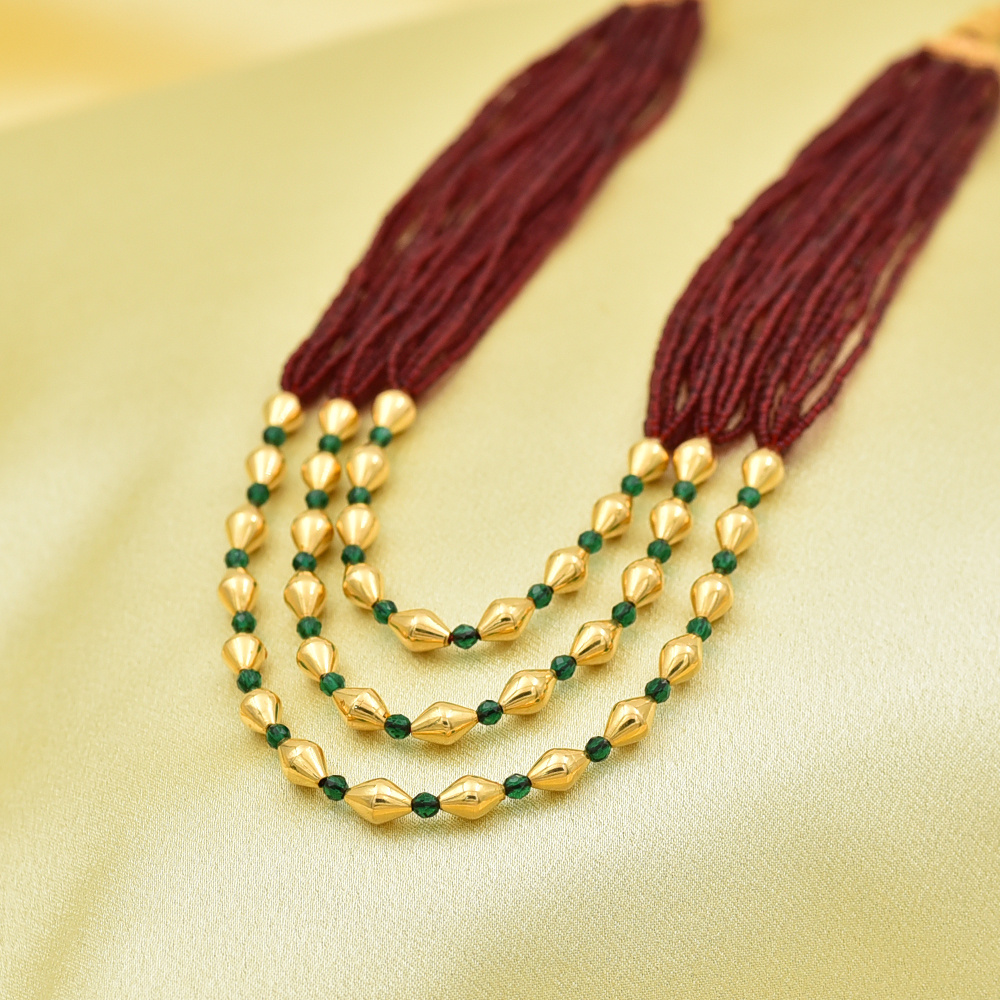 Red Beaded Maal in 22kt Gold and Green stones