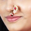 Brahmani White Pearls & Red Stone Nath in 22kt Gold