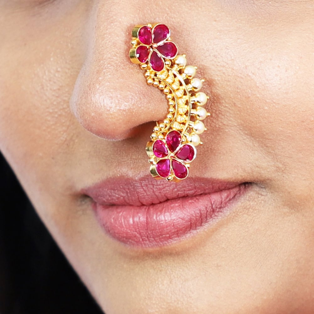 Blossom 22kt Gold Nath in Red Stones & Pearls