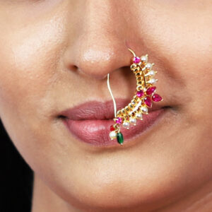 Classic Curved 22kt Gold Nath in Red Stone and Pearls