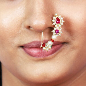 Vintage Pearl & Red Stone Nath in 22kt Gold