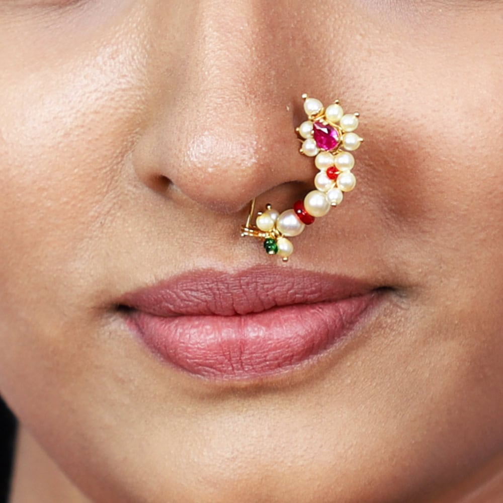 Traditional Brahmani RedStone Nath in Pearls & 22kt Gold