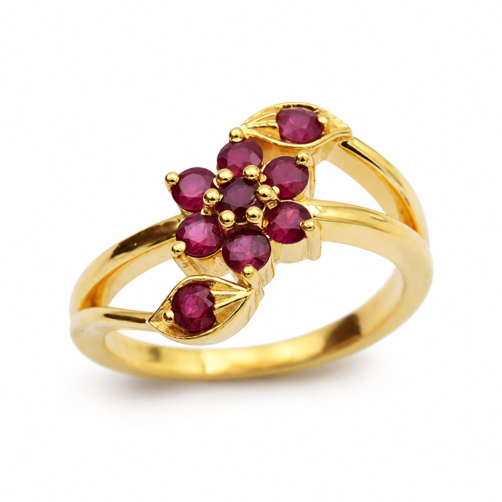 Ruby Flower Halo Ring in 18kt Gold